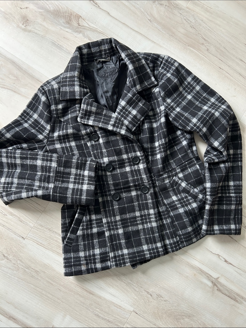 Jou Jou Black & White Plaid Double-Breasted Peacoat